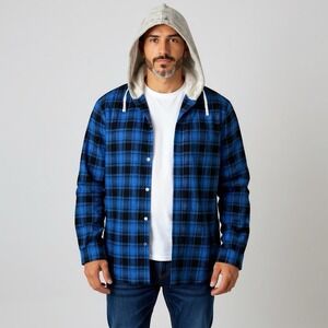 Mens Flannel Plaid Hooded Shirt Long Sleeve Button Down 6XL Blue Cotton Blend